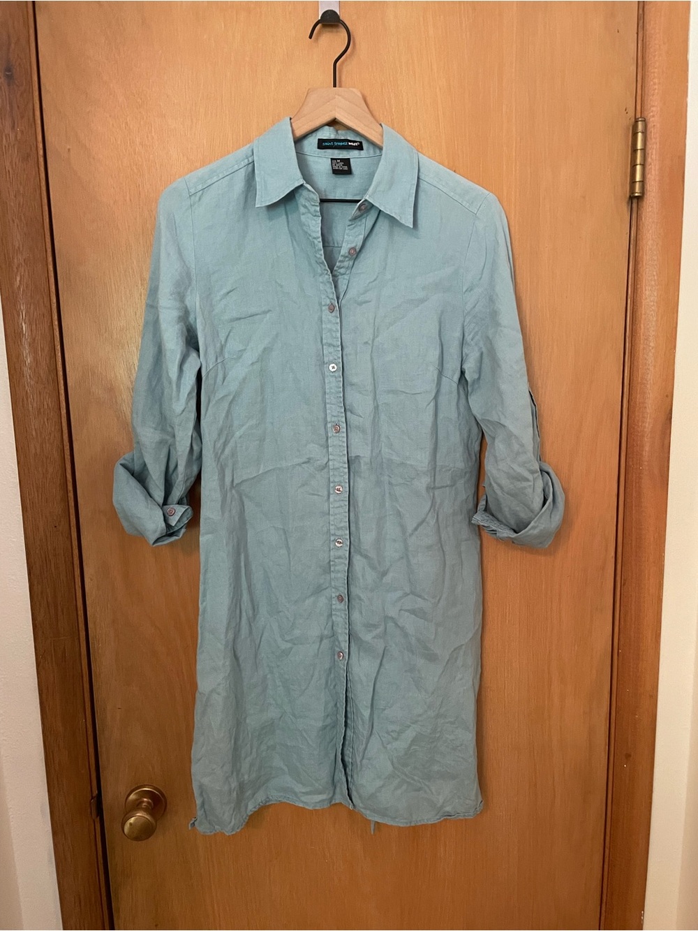 Saint Tropez West 100% Linen Sky Blue Long Button Down Shirt Dress Size M